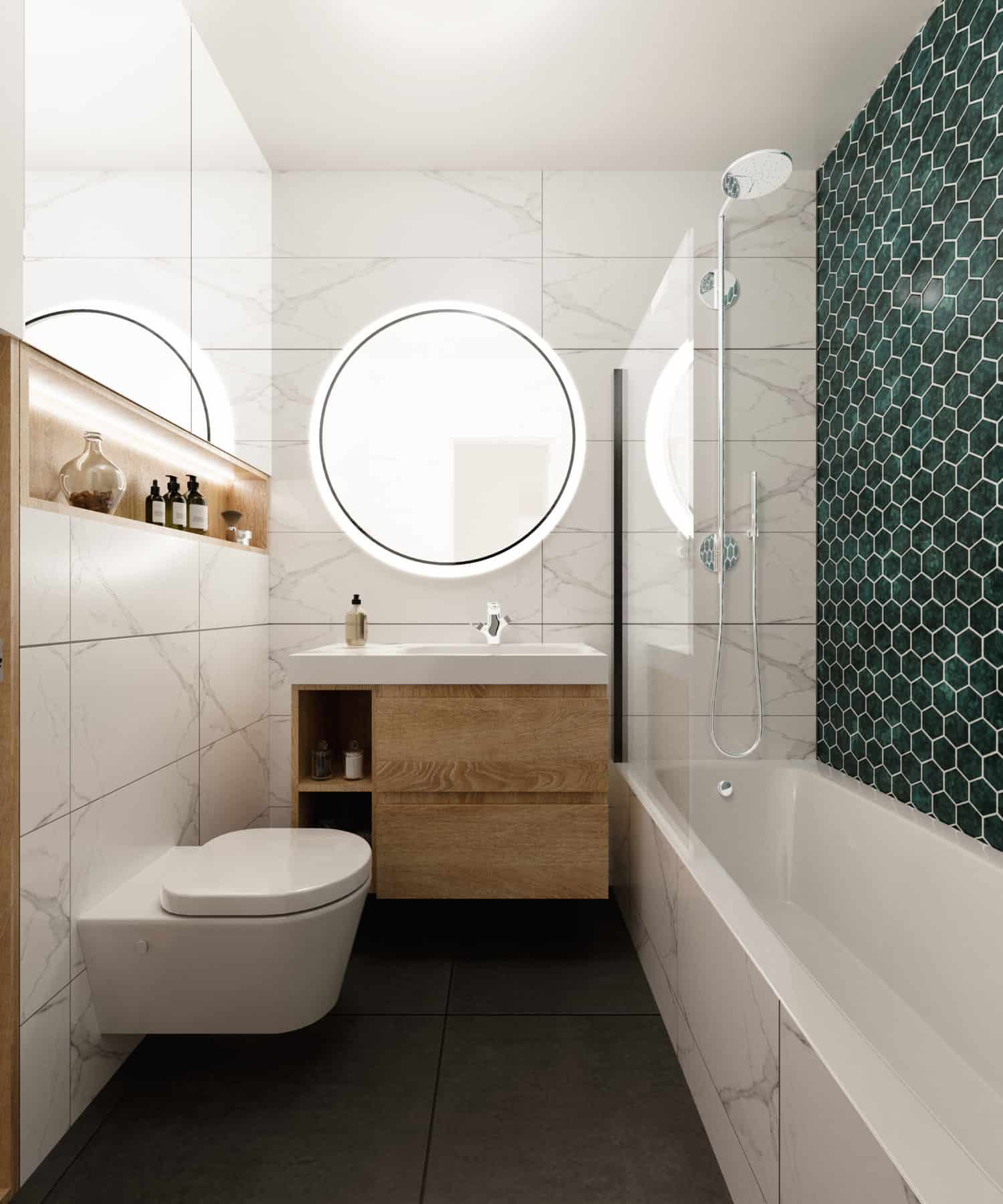 3D rendering of small bathroom, designed in white marble tiles with green shower wall and circular, LED light mirror above the sink