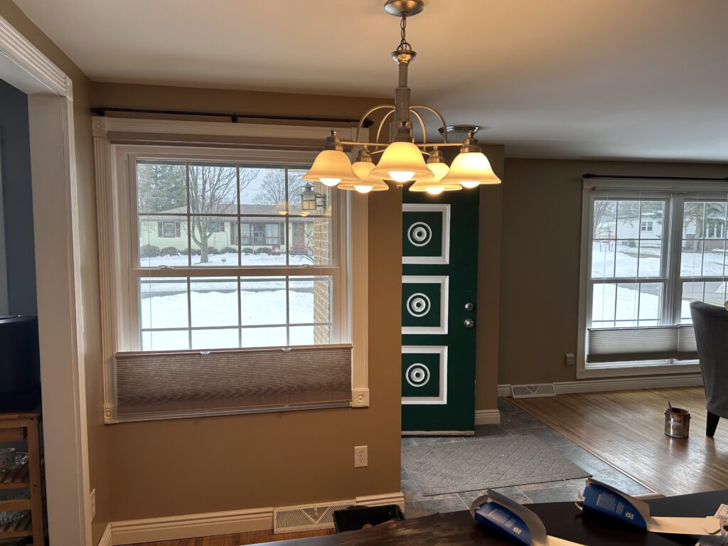 Taupe Residential Interior With White Trim Painted commercial interior with walls, windows, and drop ceiling